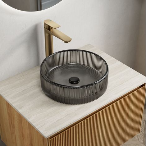 Lavabo redondo de cristal negro 36x36x11.5 cm, decorativo, fácil de limpiar, para encimera (1/5)
