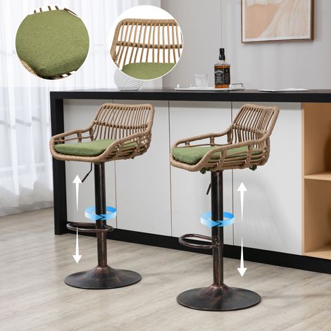 sgabelli da bar girevoli e regolabili (set da 2) - sedia da cucina con schienale in rattan intrecciato e poggiapiedi - stile rétro chic - rattan e lino - verde bosco