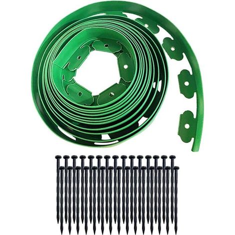 Kit de bordure de jardin sans creuser, 10 m de plastique vert avec 30 piquets pour massifs de fleurs, arbres, allées, aménagement paysager (PE) (1/5)