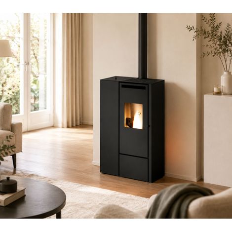 Punto Fuoco – Poêle à granulés étanche slim canalisable 9.9 kW – Écran LCD – Sortie fumées arrière/latérale – Volume de chauffe jusqu'à 300 m³