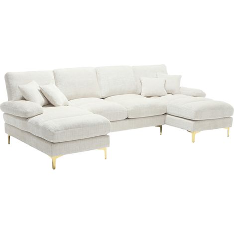Canapé d’angle en Chenille avec doubles espaces lits, structure bois, pieds en métal doré - 272x136x88 cm (1/5)