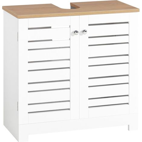 Sobuy – Meuble sous-lavabo compact 60x30x59 cm – Armoire de salle de bain avec étagères réglables et découpe siphon – MDF laqué blanc – BZR40W