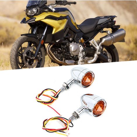 Feux moto clignotants ambre rouge, clignoteur double fonction veilleuse et stop, coque chromée, lentille jaune, signalisation avant arrière (1/5)