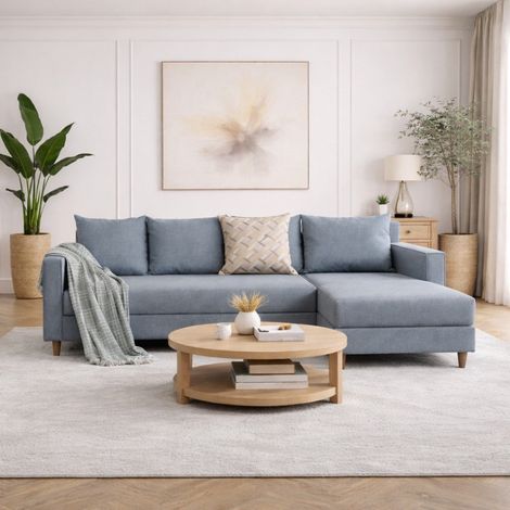 Schlafsofa blauer Stoff – Ecksofa – kompakt 215 × 150 cm – Rechts