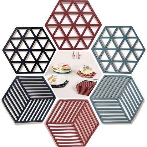 Tapis de table en silicone, ensemble de 6 pièces avec trépied, dessous de plat antidérapant et sous-verre, convient pour les tables de cuisine, comme chauffe-plat, porte-cuillère, pour cuisiner et man (1/5)