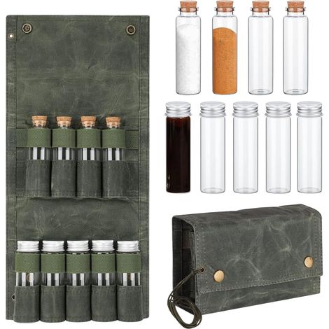 Lot de 9 sacs à épices portables en toile avec 9 pots à épices, sac à épices portable pour l'extérieur, camping, barbecue, pique-nique en plein air (vert) (1/5)