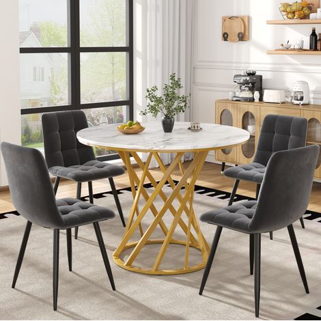MEUBLIV Ensemble table à manger ronde 80 cm et 4 chaises velours gris foncé (1/5)