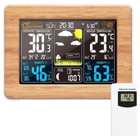QORVA-Station météo numérique sans fil avec capteur extérieur – avec heure, date, température, humidité, baromètre, réveil, affichage des phases de la lune, thermomètre multifonction (noir)… XXW