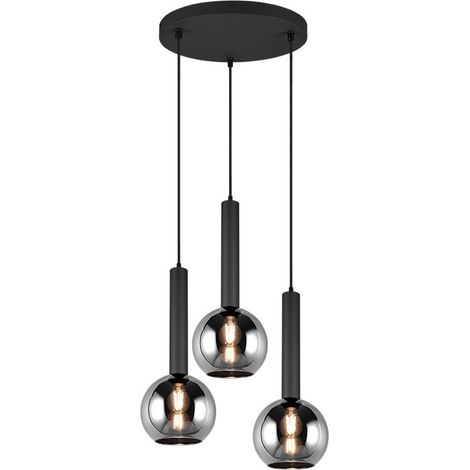 CLAYTON SOSPENSIONE METALLO NERO CON 3 VETRI FUME' CROMATO D. 45CM ATTACCO E27 (1/3)