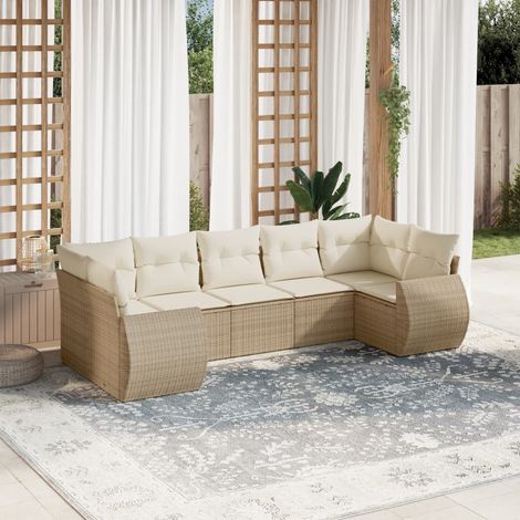 Salon de jardin 7 places en résine tressée beige avec coussins lavables – Modulaire, UV résistant, charge 110 kg (1/5)