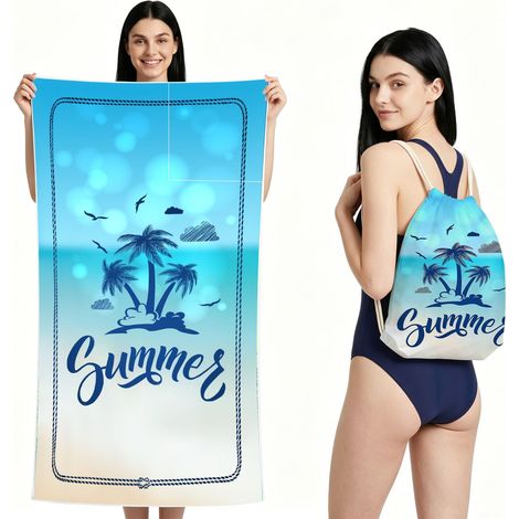 2 en 1, imprimé lettres, pliable et facile à ranger, séchage rapide double face en tissu éponge, serviette de plage, serviette de bain, 90 × 180 cm (1/5)
