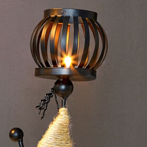 Candelabro de mesa de hierro forjado, modelo E, con cuerda de cáñamo – Candelabro único, hecho a mano para bar o comedor. (1/4)