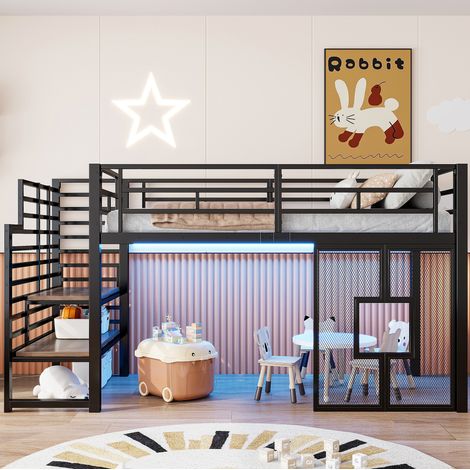 Bett Hochbett modern 90x200 cm aus Metall und MDF in Schwarz mit Stauraumtreppe, Fenstern, LED und Lattenrost (1/5)