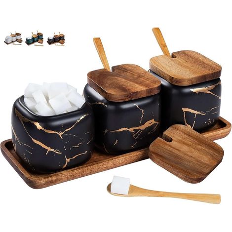 Lot de 3 pots à épices en céramique avec couvercle et cuillère en bambou pour la maison et la cuisine, alternative au support à épices et étagère à épices pour cuisine et table à manger (1/5)