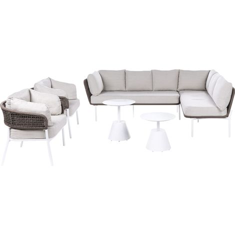 Ensemble de Salon de Jardin Tressé 7 Places avec Canapé d'Angle Fauteuils et 2 Tables Basses Coussins en Tissu Beige Robella
