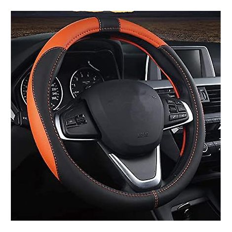 housse De Volant En Cuir (noir Orange), Housse De Volant De Voiture De Diamtre Universel 15"/38 Cm, Style Sport Respirant Et Antidrapant, Durable, (1/5)