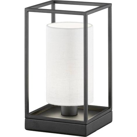 Lampe de table GILLI E14 1x25W métal sable noir, tissu lin, PVC blanc L:16cm l:16cm H:28,5cm avec interrupteur à cordon (1/4)