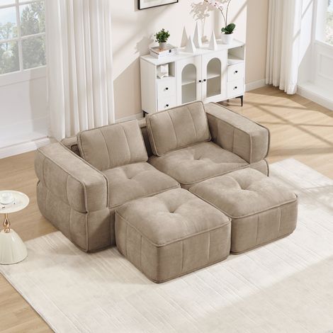 Canapé 2 places modulable avec 2 poufs, sans structure de maintien, mousse polyuréthane 32D, assise spacieuse, revêtement moelleux, parfait pour séjour et studio, couleur sable. (1/5)