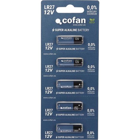 COFAN pila alcalina lr27/12v   caja 50 unid. , Pilas alcalinas de larga duración 27A/12 V. Blíster de 5 unidades dispensables por unidad. 100% libres de cadmio/mercurio. (1/2)