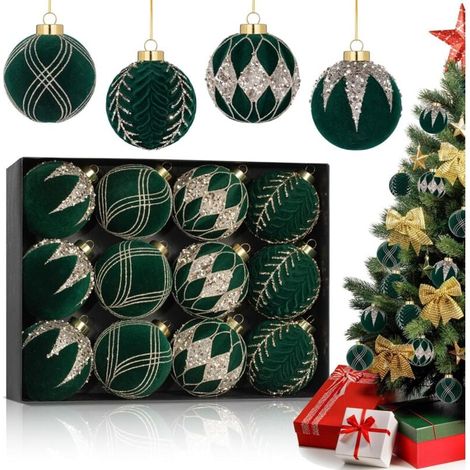 Lot de 12 boules de Noël en velours, décorations d'arbre de Noël – 80 mm, décorations de Noël vertes à suspendre, boules de Noël en plastique incassable, vacances, mariages, fêtes (vert) (1/5)