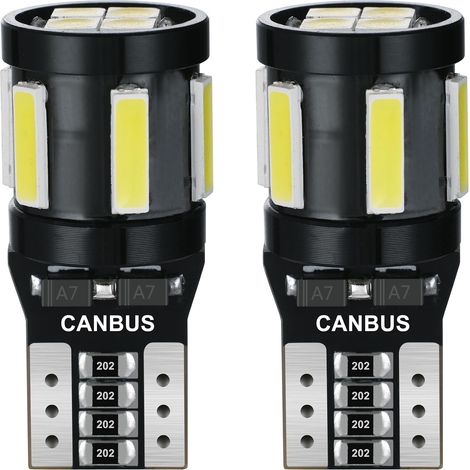 T10 W5W LED Ampoule CANBUS Sans Erreur 10SMD 501 194 168 12V Remplacement pour Voiture Position Feux Intérieur Lumière Dôme Plafonnier Coffre Porte Plaque D'immatriculation 6500K Blanc 2Pcs (1/5)