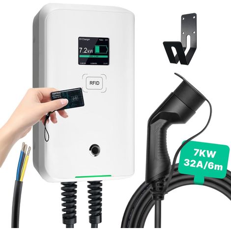Borne de Recharge pour véhicule électrique 7KW Type 2 Chargeur Mural EV pour Tous Les véhicules électriques et Hybrides Rechargeables, câble de 6m avec contrôle par Cinq Cartes RFID (1/5)
