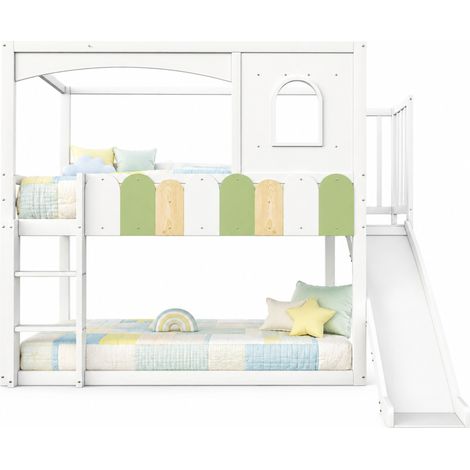 Lit superposé enfant 90 x 200 cm en bois blanc avec toboggan, échelle sécurisée, maison avec fenêtres, espace bas modulable et style ludique  CHICFURN (1/5)