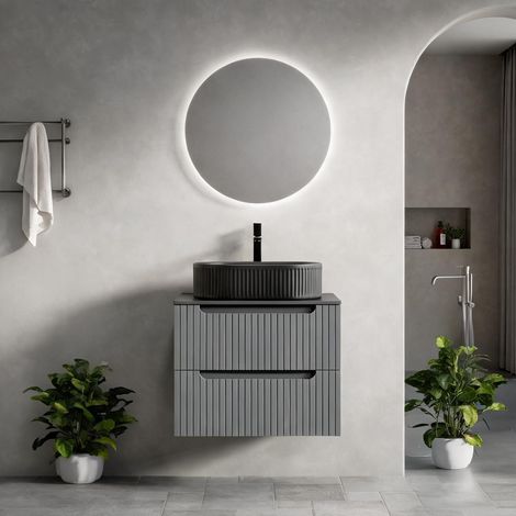 Meuble sous vasque suspendu 60 cm en pierre frittée noir et gris (1/5)