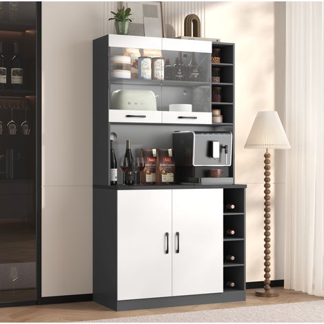Meuble de cuisine buffet 100 x 47 x 187 cm avec éclairage LED et passe-câbles gris et blanc HAVRYA (1/5)
