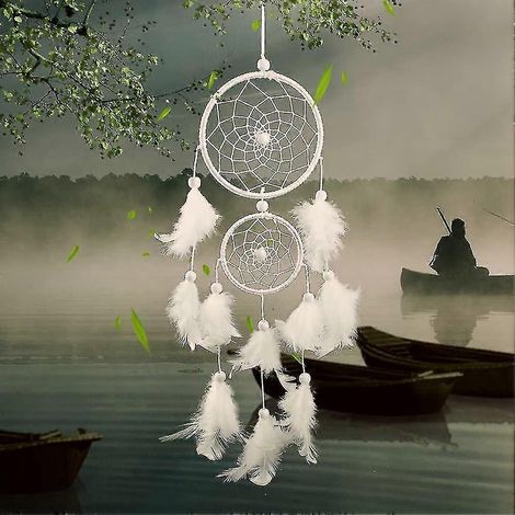 Attrape-rêves étoilé avec anneaux de plumes, fait main, mystérieux, pour chambre, voiture, maison, blanc, 46 cm (1/3)