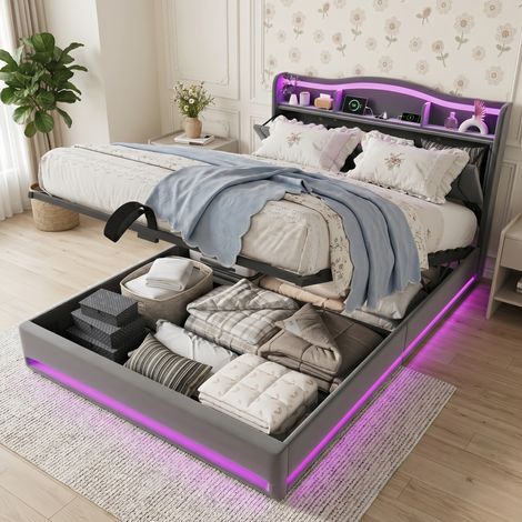 Doppelbett mit Bettkasten 160x200 cm, Polsterbett mit LED-Lichtleiste und USB-Anschluss – mit Stauraum, Lattenrost, Grau