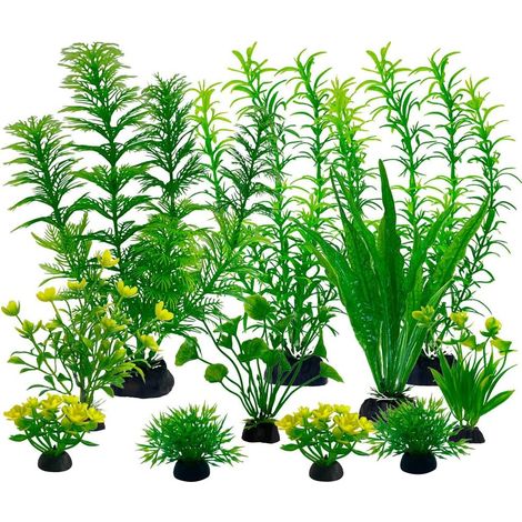 11 Pièces Plante Aquarium Artificielle, Décoration Aquarium, Plante de Décoration, Décoration pour d'Aquarium, Plante Artificielle, Cachettes pour Poissons, 5-20 cm (Vert, Jaune) (1/5)