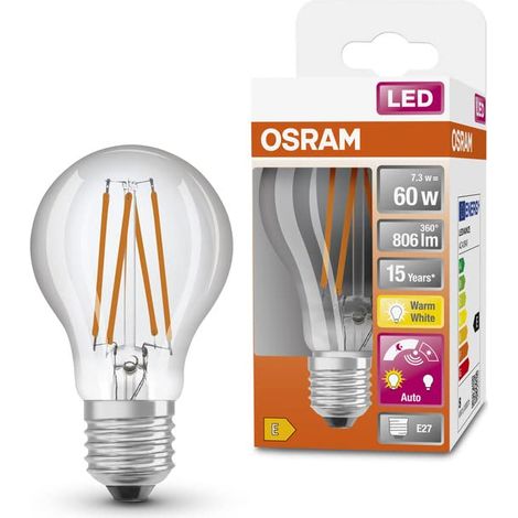 OSRAM Lampada LED Star+ con sensore di luce diurna, E27-base Ottica del filamento ,Bianco caldo (2700K), 806 Lumen, sostituzione delle lampade 60W, non dimmerabile, 4-Confezione
