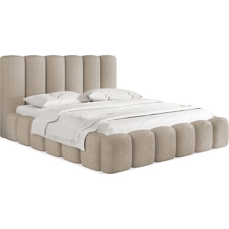 Polsterbett 180x200 mit Bettkasten und Lattenrost – Creme Bett mit hohem Kopfteil, Boucle oder Samt Stoff - Modernes Doppelbett mit Stauraum – Bettgestell, ohne Matratze – Serenity - Creme