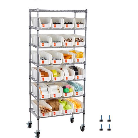VEVOR Estantería de Almacenamiento con Ruedas de 7 Niveles, para 24 Contenedores Pequeños de Polipropileno, para Garaje, Almacen, Oficina, Restaurante, Aula y Cocina, 610 x 355 x 1490 mm, Plata (1/5)