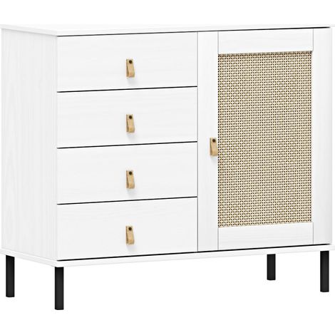Sideboard 90 cm breit in Kiefer massiv weiß mit Kunststoffgeflecht, WATFORD-69 (1/5)