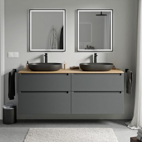 BERNSTEIN - Meuble sous vasque suspendu salle de bain MDF Anthracite mat, plan vasque Chêne miel, tiroirs passe-main pivotants - 160x46x62cm - VIREO Anthracite mat, Chêne miel doré