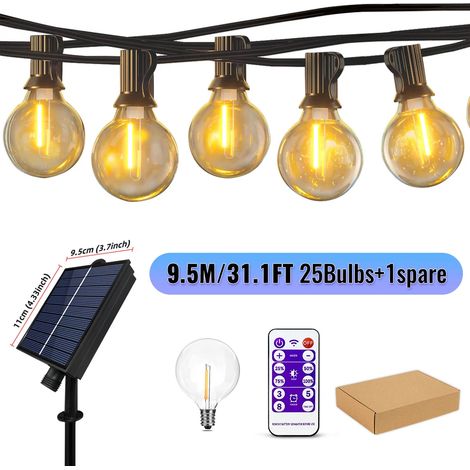 Guirlande lumineuse solaire Mexllex 15,5 m G40 pour extérieur, 8 modes d'éclairage, ampoules globe étanches en plastique, compatible avec balcon, mariage, terrasse ou patio. (1/5)