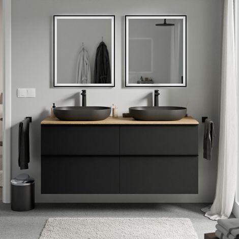 Badmöbel Unterschrank Bernstein LAVOA 120cm Badmöbel: Schwarz matt, Waschtischplatte: Eiche honiggold, Metallgriff: Chrom
