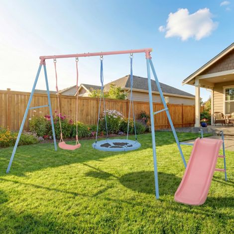 Portico per bambini con 2 altalene e scivolo in acciaio, seduta classica e altalena tonda, en blu e rosa, da 3 anni (1/4)