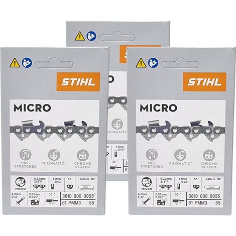Stihl 3x 3/8" Picco Micro Mini 3 (PMM3) cadena de sierra 40 cm 3/8" P 1.3 mm 55 TG 3 piezas ( 3x 36100000055 )