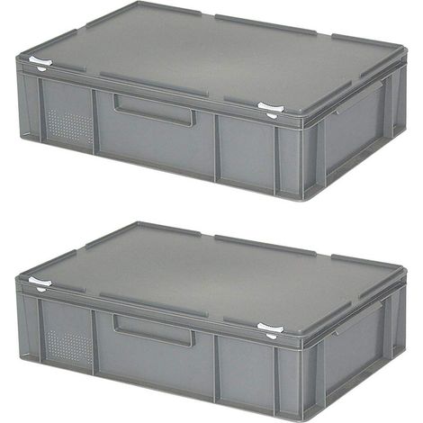 BRB Lot de 2 récipients en plastique format euro, L x H 600 x 400 x 180 mm, avec couvercle à charnière et fermetures coulissantes, gris