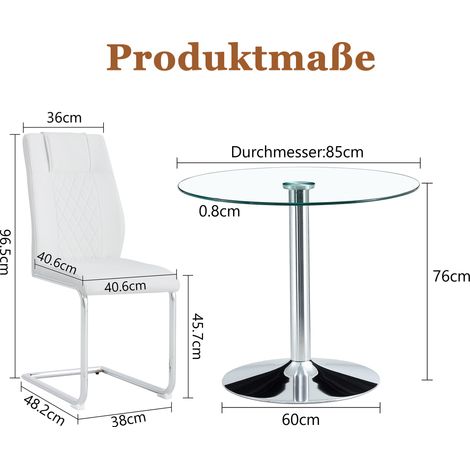 Set tavolo da pranzo rotondo in vetro temperato 85 cm con 4 sedie bianche in PU (1/5)
