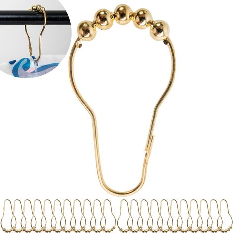 Anneaux de rideau de douche, 24 pièces, or, taille 39 x 38 mm, crochets de rideau de douche, clips de bain en métal robuste, ensemble de boucles de rideau de douche (1/5)