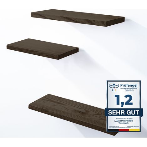 LAMO Manufaktur 3 Stück Wandregal aus Holz 42/36/30cm SET 3 Gerade Farbe: Schwarz