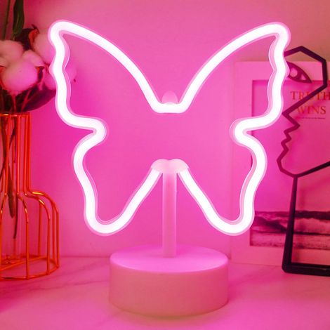 Lampe néon papillon, lampe LED néon avec base support, lampe de nuit papillon rose alimentée par USB ou 3 piles AA (1/4)