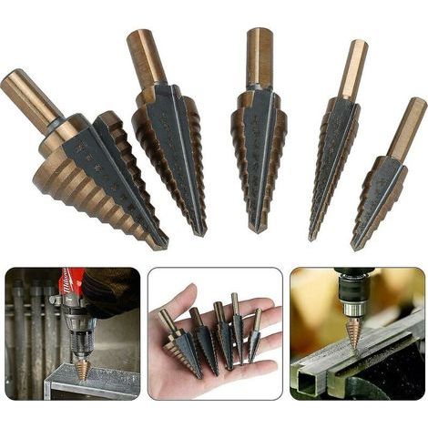 5-teiliges Metallstufenbohrer-Set, 5–35 mm HSS-Titan-Kegeldreieck-Stufenfräser für Stahl, Holz, Messing, Aluminium und PVC (1/4)
