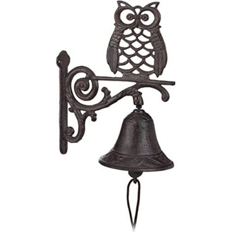 Cast iron owl bell, antique rustic wall bell, waterproof wooden cord, dark brown garden bell
