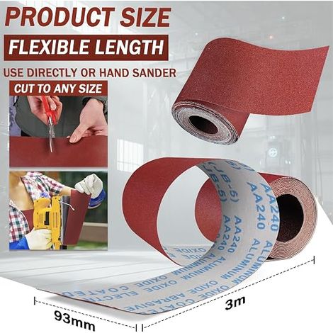 Sandpaper 93 mm x 3 m, Grit 60/80/120/180/240/400 Wet and Dry Sandpaper Aluminium Oxide Abrasive Roll for Wood Metal Peeling Polishing (1/4)
