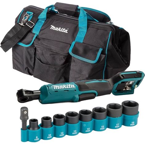 Makita DWR180Z 18v Ratchet Wrench 1/4""-3/8"" Square Drive + 9PC 3/8"" Set + Bag (1/5)